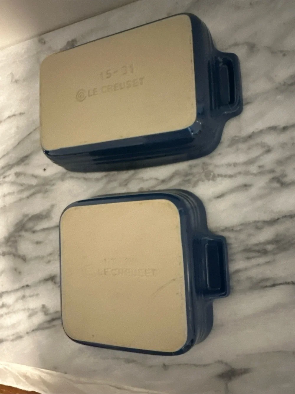 Le Creuset Cream Ceramic Baking Dishes with Blue Rim - Set of 2